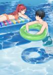  1boy 1girl afloat ass bikini black_hair brother_and_sister chigusa_asuha chigusa_kasumi closed_mouth day eyebrows_visible_through_hair frilled_bikini frills hair_ornament hairclip innertube long_hair looking_at_another lying on_stomach outdoors partially_submerged ponytail pool qualidea_code red_eyes redhead scrunchie sekiya_asami short_hair siblings swimsuit water wet 