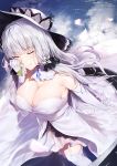  1girl absurdres azur_lane bangs bare_shoulders black_ribbon blue_sky blush breasts cleavage closed_eyes closed_mouth clouds cloudy_sky commentary day dress elbow_gloves eyebrows_visible_through_hair facing_viewer flower garter_straps gem gloves hair_ribbon hand_up hat highres holding holding_flower hplay illustrious_(azur_lane) large_breasts long_hair mole mole_under_eye outdoors petals reflection ribbon ripples silver_hair sky smelling smelling_flower smile solo standing strapless strapless_dress sun_hat thigh-highs very_long_hair white_dress white_flower white_gloves white_hat white_legwear 