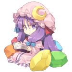  1girl :/ book chibi crescent crescent_moon_pin crystal dress hair_ribbon hat holding holding_book long_hair looking_at_viewer mob_cap patchouli_knowledge purple_dress purple_hair reading ribbon satou_kibi sidelocks simple_background sitting striped striped_dress touhou tress_ribbon vertical_stripes very_long_hair violet_eyes white_background 