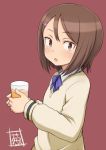  1girl :o blue_bow blush bow brown_eyes brown_hair collared_shirt cup drinking_glass fujisawa_kana hair_ornament hairclip highres holding holding_cup juice looking_at_viewer negija school_uniform shirt short_hair simple_background solo sweater sword_art_online sword_art_online_alternative:_gun_gale_online upper_body white_shirt 