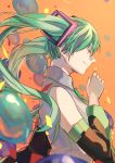  balloon bare_shoulders closed_eyes detached_sleeves eyebrows_visible_through_hair from_side green_hair green_nails green_neckwear hatsune_miku highres hikari50503 light_smile long_hair nail_polish nape necktie orange_background twintails vocaloid 