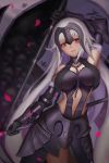  1girl arm_up armor armored_dress armpits bangs banner bare_shoulders black_gloves blurry blurry_background blush breasts chains cleavage cleavage_cutout commentary_request cowboy_shot depth_of_field dress dual_wielding elbow_gloves estcc fate/grand_order fate_(series) fur-trimmed_gloves fur_trim gloves grey_hair head_tilt headpiece highres holding holding_weapon jeanne_d&#039;arc_(alter)_(fate) jeanne_d&#039;arc_(fate)_(all) large_breasts long_hair looking_at_viewer midriff navel navel_cutout parted_lips petals pink_eyes pink_lips purple_dress skull sleeveless sleeveless_dress solo straight_hair v-shaped_eyebrows vambraces very_long_hair weapon 