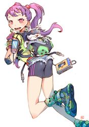  1girl andrea_cofrancesco backpack bag cat cellphone cyberpunk earrings elbow_pads gloves headgear jewelry open_mouth original phone pink_eyes purple_hair shoes short_shorts shorts signature skull_earrings sneakers socks watch 