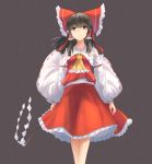  1girl ascot bangs blunt_bangs bow brown_eyes brown_hair detached_sleeves fen_zuo frilled_bow frilled_skirt frills grey_background hair_bow hair_tubes hakurei_reimu long_hair looking_at_viewer red_bow red_shirt red_skirt ribbon-trimmed_sleeves ribbon_trim shirt sidelocks skirt sleeveless sleeveless_shirt solo standing touhou white_sleeves yellow_neckwear 