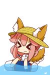  &gt;:) &gt;_&lt; 1girl animal_ears blush_stickers chibi fate/grand_order fate_(series) fox_ears fox_tail hat highres lifebuoy nuu_(nu-nyu) pink_hair simple_background smile solo sun_hat tail tamamo_(fate)_(all) tamamo_no_mae_(swimsuit_lancer)_(fate) white_background 