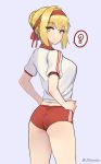  1girl ? ass bangs blonde_hair blue_background breasts buruma commentary_request cowboy_shot double_vertical_stripe eyebrows_visible_through_hair fate/grand_order fate_(series) from_behind green_eyes gym_shirt gym_uniform hair_bun hair_intakes hair_ribbon hands_on_hips highres looking_at_viewer looking_back manme medium_breasts nero_claudius_(fate) nero_claudius_(fate)_(all) red_buruma red_ribbon ribbon shirt short_hair short_sleeves sidelocks simple_background solo speech_bubble spoken_question_mark white_shirt 