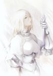  1girl alternate_color armor armored_dress bangs blonde_hair blue_eyes braid breasts capelet chains commentary_request dress eyebrows_visible_through_hair fate/grand_order fate_(series) gauntlets hair_between_eyes hand_up head_tilt highres holding holding_sword holding_weapon jeanne_d&#039;arc_(fate) jeanne_d&#039;arc_(fate)_(all) long_hair looking_at_viewer looking_to_the_side marumoru medium_breasts parted_lips single_braid solo sword upper_body very_long_hair weapon white_capelet white_dress 