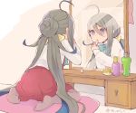  1girl ahoge applying_makeup blue_bow blue_hair bottle bow bowtie colis commentary_request cushion full_body grey_eyes grey_hair grey_legwear hair_between_eyes hair_bun kantai_collection kiyoshimo_(kantai_collection) lipstick lipstick_tube long_hair long_sleeves looking_at_mirror low_twintails makeup mirror multicolored_hair pantyhose reflection school_uniform shirt sitting solo twintails twitter_username vanity_table very_long_hair wariza white_shirt 