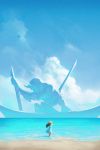  1girl beach black_hair blue_sky boat clouds cloudy_sky commentary concept_art corpse day dress english_commentary giant hat horns koyorin long_hair ocean oni oni_horns original size_difference skeleton sky sun_hat sundress wading watercraft white_dress 
