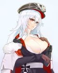  1girl azur_lane breasts gloves graf_zeppelin_(azur_lane) large_breasts long_hair looking_at_viewer lzayuisabeth military military_uniform open_clothes red_eyes silver_hair simple_background solo uniform 