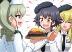  3girls :d anchovy anzio_school_uniform bangs beret black_hair black_hat black_ribbon blonde_hair blush braid brown_eyes carpaccio chef_hat chef_uniform closed_eyes commentary dress_shirt drill_hair emblem emphasis_lines eyebrows_visible_through_hair food girls_und_panzer green_hair green_neckwear hair_ribbon hands_together happy hat holding holding_food jacket long_hair long_sleeves looking_at_another multiple_girls neckerchief omachi_(slabco) open_mouth pasta pepperoni_(girls_und_panzer) plate red_eyes ribbon school_uniform shirt short_hair side_braid smile standing tray twin_drills twintails white_hat white_jacket white_shirt 