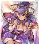  1girl bare_shoulders belt breasts brown_eyes cape celine_jules cleavage earrings elbow_gloves forehead_jewel fujimaru_(green_sparrow) gloves gold hat hoop_earrings jewelry long_hair looking_at_viewer medium_breasts one_eye_closed purple_hair smile solo standing star_ocean star_ocean_the_second_story 