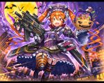  1girl bat blurry blurry_background candy city dress facing_viewer fang food frilled_dress frills full_moon garter_straps gia gloves gun halloween halloween_basket hat headphones holding holding_gun holding_weapon long_hair looking_at_viewer moon open_mouth orange_eyes orange_hair original purple_sky running solo thigh-highs trigger_discipline twintails very_long_hair weapon white_gloves wide_sleeves 