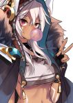  1girl absurdres azur_lane breasts bubble_blowing chewing_gum commentary dark_skin eyebrows_visible_through_hair facepaint highres hood large_breasts looking_at_viewer minneapolis_(azur_lane) navel red_eyes sadi_eve solo under_boob upper_body v white_hair 