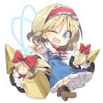  1girl ;d alice_margatroid blonde_hair blue_dress blue_eyes blush boots bow capelet chibi cross-laced_footwear dress eyebrows_visible_through_hair full_body hair_bow hairband jewelry lolita_hairband one_eye_closed open_mouth polearm ring satou_kibi shanghai_doll shield simple_background smile spear touhou weapon white_background |_| 