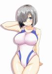  1girl blue_eyes breasts chan_(akuty_ikkot) competition_school_swimsuit hair_ornament hair_over_one_eye hairclip hamakaze_(kantai_collection) highres kantai_collection large_breasts looking_at_viewer shadow short_hair silver_hair simple_background solo standing swimsuit white_background white_hair white_swimsuit 