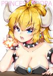  1girl bare_shoulders black_nails blonde_hair blue_eyes bowsette bracelet breasts breathing_fire character_name cleavage collar collarbone crown eyebrows eyebrows_visible_through_hair fire hand_on_own_cheek highres horns inumine_aya jewelry large_breasts looking_at_viewer super_mario_bros. nail_polish new_super_mario_bros._u_deluxe nintendo open_mouth ponytail short_hair simple_background solo spiked_armlet spiked_bracelet spiked_collar spikes super_crown teeth upper_body white_background 