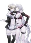  2girls ahoge apron arm_around_shoulder artoria_pendragon_(all) artoria_pendragon_(swimsuit_rider_alter) ass_visible_through_thighs bikini bikini_skirt black_bikini black_gloves black_jacket blonde_hair bow breasts choker cleavage commentary_request cropped_legs eyebrows_visible_through_hair fate/grand_order fate_(series) food frilled_bikini frilled_choker frills frown gloves hair_bow hair_bun highres ice_cream jacket jeanne_d&#039;arc_(alter_swimsuit_berserker) jeanne_d&#039;arc_(fate)_(all) long_hair looking_at_viewer maid_apron maid_headdress medium_breasts multiple_girls nipi27 o-ring o-ring_bikini off_shoulder pale_skin parted_lips popsicle popsicle_stick shrug_(clothing) silver_hair simple_background small_breasts swimsuit thigh-highs thigh_gap thigh_strap very_long_hair white_background yellow_eyes 