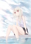  1girl bangs bare_arms bare_shoulders black_skirt clouds cloudy_sky day eyebrows_visible_through_hair fate/kaleid_liner_prisma_illya fate_(series) feet_out_of_frame flat_chest highres illyasviel_von_einzbern jilu long_hair looking_at_viewer outdoors red_eyes sitting skirt sky sleeveless soaking_feet solo tank_top water white_hair 
