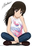  1girl artist_name bangs black_eyes black_footwear black_hair blue_pants bukkuri character_name chin_rest closed_mouth commentary_request cursive dated denim frown full_body girls_und_panzer hand_on_own_face hand_on_own_leg indian_style jeans long_hair looking_at_viewer multicolored_shirt murakami_(girls_und_panzer) pants shirt shoes signature simple_background sitting sleeveless sleeveless_shirt solo white_background white_shirt 