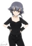  1girl artist_name bangs black_jeans black_pants black_shirt braid breasts brown_eyes bukkuri casual cleavage closed_mouth commentary_request cowboy_shot dated denim eyebrows_visible_through_hair girls_und_panzer grey_hair hands_on_hips head_tilt jeans looking_at_viewer medium_breasts medium_dress pants pepperoni_(girls_und_panzer) shirt short_hair short_sleeves side_braid signature simple_background smile solo standing white_background wristband 