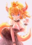  1girl armlet armpits bangs bare_shoulders black_collar black_dress blonde_hair blue_eyes bowsette bracelet breasts claw_pose cleavage collar collarbone crown dress earrings eyebrows_visible_through_hair fatherland2009 hand_up horns jewelry large_breasts leaning_forward legs long_hair looking_at_viewer super_mario_bros. new_super_mario_bros._u_deluxe nintendo open_mouth palms ponytail sidelocks signature simple_background skindentation solo spiked_armlet spiked_bracelet spiked_collar spiked_tail spikes standing strapless strapless_dress super_crown tail upper_teeth 