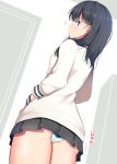  1girl black_hair blue_eyes blue_panties cardigan closed_mouth commentary_request eyebrows_visible_through_hair hands_in_pockets highres long_sleeves looking_at_viewer looking_back panties short_hair solo ssss.gridman standing takarada_rikka takeyuu thighs underwear white_cardigan 
