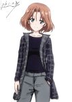  1girl artist_name azumi_(girls_und_panzer) bangs black_coat black_shirt blue_eyes brown_hair bukkuri casual closed_mouth commentary_request cowboy_shot dated eyebrows_visible_through_hair girls_und_panzer grey_pants hand_in_pocket head_tilt long_sleeves looking_at_viewer pants parted_bangs shirt short_hair signature simple_background smile solo standing white_background 