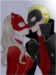  1boy 1girl ascot blonde_hair blue_eyes bodysuit catsuit closed_eyes hetero kiss long_hair mask noses_touching persona persona_5 red_bodysuit sakamoto_ryuuji skull_mask spiky_hair takamaki_anne twintails zipper 