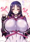  1girl arm_guards bangs black_gloves blush bodysuit breasts covered_navel elbow_gloves fate/grand_order fate_(series) fingerless_gloves gloves hands_up hips huge_breasts long_hair looking_at_viewer minamoto_no_raikou_(fate/grand_order) parted_bangs parted_lips purple_bodysuit purple_hair ribbed_sleeves rope smile solo_focus tassel turtleneck very_long_hair violet_eyes waist yamada_gogogo 