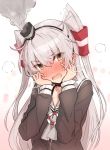  1girl amatsukaze_(kantai_collection) black_choker black_hairband blush brown_eyes brown_shirt choker commentary_request downscaled embarrassed eyebrows_visible_through_hair full-face_blush gradient gradient_background grey_hair grey_neckwear hair_tubes hairband hands_on_own_cheeks hands_on_own_face hands_up head_tilt highres kantai_collection long_hair long_sleeves neckerchief resized revision sarong school_uniform serafuku shirt smoke smokestack solo straight_hair sweat takanashi_kei_(hitsujikan) tears two_side_up v-shaped_eyebrows very_long_hair white_background white_sarong 