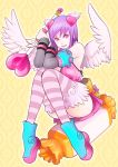  1girl angel_wings arm_warmers heart kusagami_style looking_at_viewer original pink_eyes purple_hair short_hair striped striped_legwear thigh-highs wings 