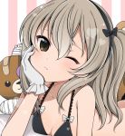  1girl :3 arm_support bandage bandaid bangs black_bra black_legwear boko_(girls_und_panzer) bow bow_bra bra breasts brown_eyes chin_rest commentary_request girls_und_panzer gloves hair_ribbon heart lace lace-trimmed_bra light_brown_hair long_hair looking_at_viewer lying on_stomach one_eye_closed pink_background ribbon ruruepa shimada_arisu side_ponytail small_breasts smile solo striped striped_background stuffed_animal stuffed_toy teddy_bear underwear underwear_only vertical-striped_background vertical_stripes white_gloves 