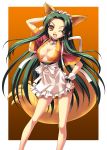  1girl absurdres animal_ears apron choker commentary_request fang feet_out_of_frame fox_ears fox_tail frilled_apron frills gradient gradient_background green_hair hand_on_hip highres kemonomimi_mode long_hair looking_at_viewer ngo no_bra one_eye_closed open_mouth orange_background short_sleeves solo standing suzumiya_haruhi_no_yuuutsu tail tsuruya very_long_hair white_apron wide_sleeves wrist_cuffs yellow_eyes 