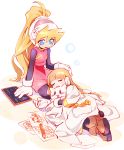  2girls alouette_(rockman_zero) android bangs blonde_hair blue_eyes blunt_bangs blush brown_footwear capcom cat child child_drawing ciel_(rockman) closed_eyes drawing full_body gloves hand_on_another&#039;s_head headgear helmet high_ponytail holding kon_(kin219) lap_pillow long_hair multiple_girls open_mouth pantyhose paper pencil pink_skirt ponytail robot_ears rockman rockman_zero simple_background skirt sleeping smile very_long_hair white_background white_gloves 