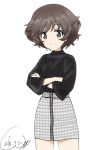  1girl akiyama_yukari artist_name bangs black_shirt brown_eyes brown_hair bukkuri casual closed_mouth commentary cowboy_shot crossed_arms dated eyebrows_visible_through_hair full-length_zipper girls_und_panzer grey_skirt high-waist_skirt long_sleeves looking_at_viewer messy_hair miniskirt plaid plaid_skirt shirt short_hair signature simple_background skirt smile solo standing white_background wide_sleeves zipper 