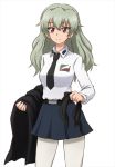 1girl alternate_hairstyle anchovy anzio_school_uniform bangs belt black_belt black_cape black_neckwear black_ribbon black_skirt cape cape_removed closed_mouth commentary cowboy_shot dress_shirt drill_hair emblem eyebrows_visible_through_hair frown girls_und_panzer green_hair hair_down hair_ribbon holding holding_cape holding_ribbon long_hair long_sleeves looking_at_viewer miniskirt necktie omachi_(slabco) pantyhose pleated_skirt red_eyes ribbon school_uniform shirt simple_background skirt solo standing twin_drills twintails white_background white_legwear white_shirt wing_collar 