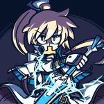  1boy blonde_hair blue_eyes buckle guilty_gear holding holding_weapon ky_kiske lightning male_focus medium_hair ponytail shaded_face signature simple_background solo suragi_0 weapon 