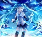  1girl black_legwear black_skirt black_sleeves blue_eyes blue_hair blue_neckwear clouds cloudy_sky cowboy_shot day detached_sleeves dress_shirt eyebrows_visible_through_hair floating_hair hair_between_eyes hatsune_miku highres iceblue long_hair long_sleeves miniskirt necktie open_mouth outdoors pleated_skirt shiny shiny_hair shirt skirt sky sleeveless sleeveless_shirt solo standing thigh-highs twintails very_long_hair vocaloid white_shirt zettai_ryouiki 