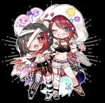  2girls :o @_@ bandage bandaged_arm bandaged_head bandaged_leg bandages bang_dream! bangs belt black_background black_choker black_hair blue_eyes blush boots bow bowtie breasts chains chino_machiko choker cleavage corset crop_top cross-laced_footwear earrings fangs full_body garter_straps ghost ghost_costume ghost_pose grin jewelry kneehighs long_hair looking_at_viewer mismatched_legwear mitake_ran multicolored_hair multiple_girls one_eye_closed outline red_neckwear redhead sarashi short_hair short_shorts shorts single_kneehigh single_thighhigh smile stitched_mouth stitches streaked_hair striped striped_legwear studded_choker sweatdrop thigh-highs udagawa_tomoe v-shaped_eyebrows vertical-striped_legwear vertical-striped_shorts vertical_stripes violet_eyes wavy_mouth white_outline wristband 