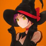  1girl akagi_(fmttps) black_gloves bow choker elbow_gloves face gegege_no_kitarou gloves halloween hat hat_bow nekomusume nekomusume_(gegege_no_kitarou_6) orange_background purple_hair red_bow red_choker see-through short_hair solo tug upper_body witch witch_hat yellow_eyes 