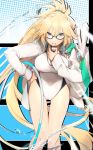  &gt;:( 1girl absurdly_long_hair bare_legs black-framed_eyewear blonde_hair blue_jacket breasts clenched_hand colored_eyelashes competition_swimsuit cowboy_shot eyebrows_visible_through_hair fate/grand_order fate_(series) hair_between_eyes hand_on_hip high_ponytail highres hood hooded_jacket hose impossible_clothes jacket jeanne_d&#039;arc_(fate)_(all) jeanne_d&#039;arc_(swimsuit_archer) large_breasts long_hair looking_at_viewer multicolored multicolored_background no-kan one-piece_swimsuit open_clothes open_jacket ponytail serious solo swimsuit thigh_gap thighs very_long_hair water whistle whistle_around_neck white_jacket white_swimsuit 