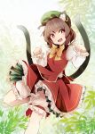  1girl animal_ears bow brown_hair cat_ears cat_tail chen fangs green_hat hat kuro_nasu leaf mob_cap open_mouth red_eyes smile solo tail touhou yellow_bow 