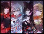  4girls ahoge black_hair blake_belladonna blonde_hair blue_eyes breasts cape cleavage corset detached_sleeves earrings gradient_hair grey_eyes hair_ribbon highres jacket jewelry long_hair looking_at_viewer medium_breasts multicolored_hair multiple_girls parted_lips petals rapier ribbon ruby_rose rwby scarf short_hair side_ponytail smile sword upper_body violet_eyes weapon weiss_schnee white_hair yang_xiao_long yellow_eyes yukiko_(tesseract) 