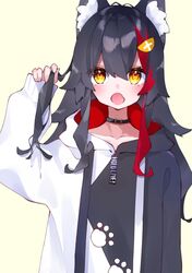  1girl :o animal_ear_fluff animal_ears aoiro_0w0 black_hair fang highres hololive hood hood_down hoodie long_hair long_sleeves multicolored_hair ookami_mio redhead skin_fang sleeves_past_wrists streaked_hair virtual_youtuber wolf_ears 