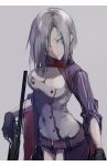  1girl absurdres aqua_eyes ashita_kura belt breasts buttons cleavage cleavage_cutout fingerless_gloves girls_frontline gloves grey_hair gun hair_over_one_eye highres looking_at_viewer medium_breasts mg5_(girls_frontline) parted_lips short_hair sketch solo standing weapon 