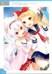  2girls azur_lane bekotarou blonde_hair blurry collarbone cream cream_on_face crepe depth_of_field detached_sleeves eating food food_on_face hairband highres jacket jenkins_(azur_lane) laffey_(azur_lane) long_hair multiple_girls official_art orange_eyes pleated_skirt red_eyes school_uniform serafuku silver_hair skirt twintails 