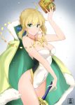  1girl ahoge artist_logo artoria_pendragon_(all) artoria_pendragon_(swimsuit_archer) blonde_hair breasts cape casual_one-piece_swimsuit commentary_request cowboy_shot crown fate/grand_order fate/stay_night fate_(series) fur-trimmed_cape fur_trim gradient gradient_background green_eyes grey_background looking_at_viewer medium_breasts murio one-piece_swimsuit saber solo strapless strapless_swimsuit swimsuit sword weapon white_swimsuit 
