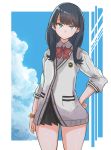  1girl absurdres black_hair blue_eyes blue_sky bow cardigan clouds cowboy_shot gin_moku hand_on_hip highres looking_at_viewer miniskirt school_uniform scrunchie skirt sky ssss.gridman takarada_rikka wrist_scrunchie 