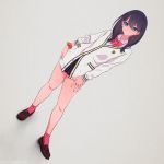  1girl akagi_(fmttps) bangs black_hair black_skirt blue_eyes bow brown_footwear cardigan collared_shirt contrapposto dutch_angle expressionless full_body grey_background hand_on_hip hand_on_own_thigh loafers long_hair long_sleeves looking_at_viewer miniskirt orange_scrunchie pleated_skirt red_bow red_legwear school_uniform scrunchie shirt shoes skirt solo ssss.gridman standing takarada_rikka white_cardigan white_shirt wrist_scrunchie 